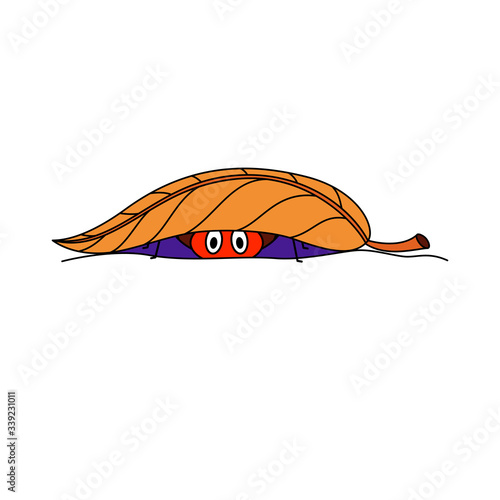 Frightened little spider peeps from under leaf. Cartoon red spider hiding in orange foliage. Flat style. Vector illustration isolated on white background. For Halloween greeting card, invitation. 