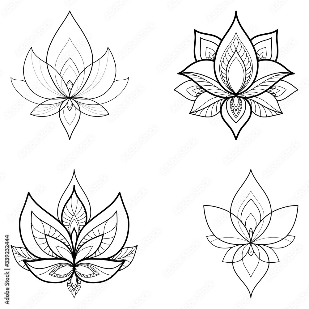 Set of four ethnic Mandala ornaments on white background. Henna tattoo design. Vector illustration