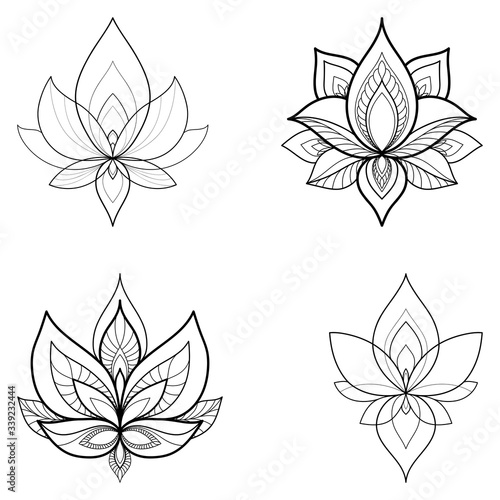 Set of four ethnic Mandala ornaments on white background. Henna tattoo design. Vector illustration