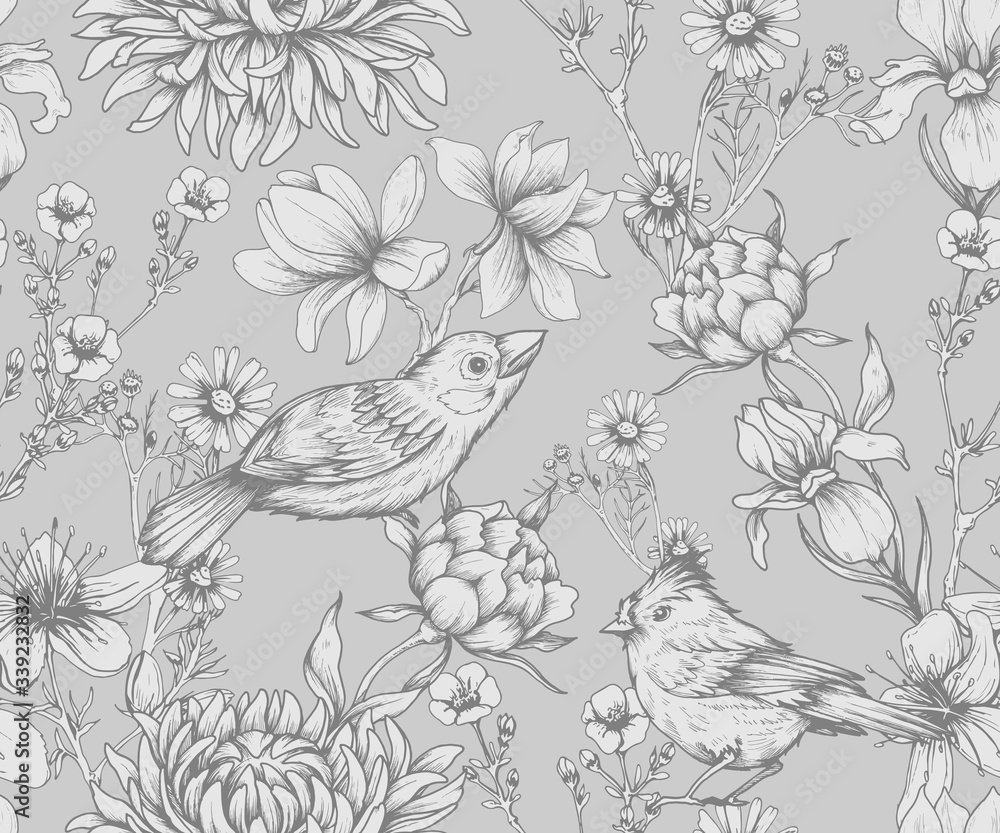 Fototapeta Vintage seamless pattern with flowers and little birds
