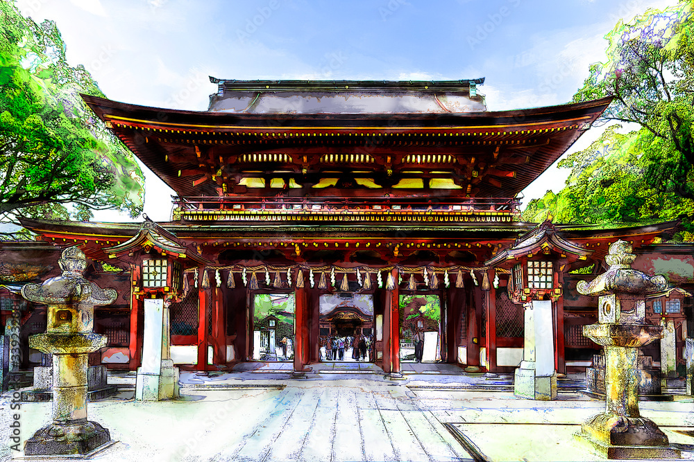 Obraz premium Digital watercolor painting of Tourists and local people visits Dazaifu Tenmangu Shrine at Dazaifu city, Fukuoka, Kyushu, Japan