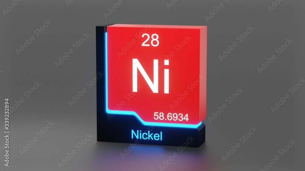 Nickel, periodic table element 3D animation, modern educational red icon with blue neon light Nickel, periodic table element 3D animation, modern educational red icon with blue neon light