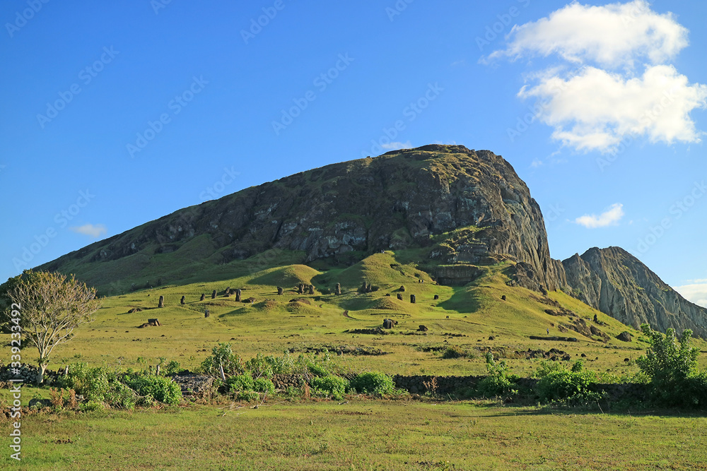 Amazing panoramic view of Rano Raraku volcano, the legendary Moai quarry with uncountable Moai statue ruins on the slope, Easter Island of Chile