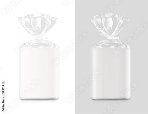 Bag package mockup. Transparent plastic bag with clip. Vector illustration on grey background. Packaging template ready for your design, presentation, promo, adv. EPS10.	
