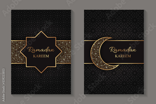 Set of two greeting cards for ramadan with golden star and moon and arabic traditional ornament on a black background.