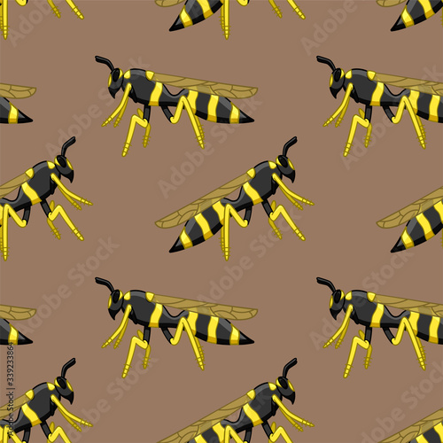 Profile view wasps seamless pattern on brown background