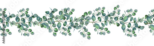 Watercolor floral seamless pattern with green eucalyptus leaves and white flowers isolated on white background. © Nataliya Kunitsyna