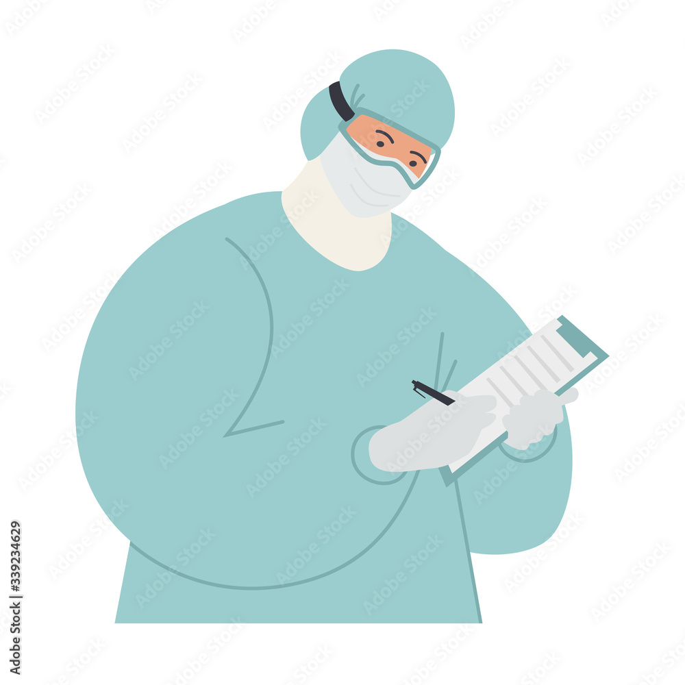 Physician or nurse holds clipboard pad and pen Medical staff wearing personal protective equipment for medical professionals Isolated vector flat illustration on white background Physician or nurse holds clipboard pad and pen Medical staff wearing personal protective equipment for medical professionals Isolated vector flat illustration on white background