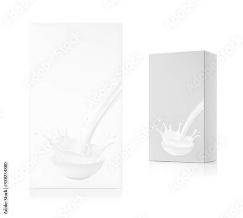 Realistic cardboard packaging box mockup with milk splash and drops. Vector illustration. Can be use for your design. EPS 10.