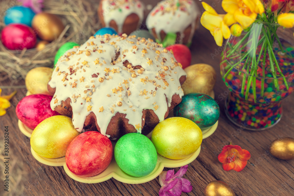  Easter cake. Easter background, Easter eggs, toned.