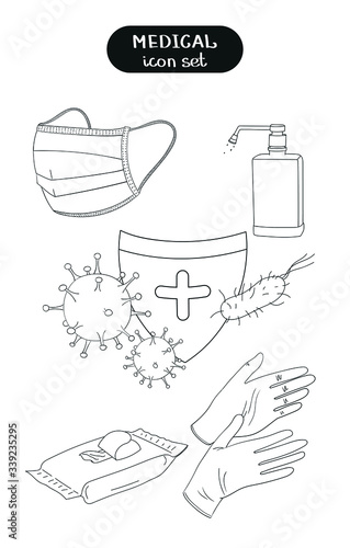 Set of vector icons on the theme of medicine. Protection against bacteria and viruses, protection against coronavirus. Medical mask and gloves, disinfectant, antibacterial wipes.