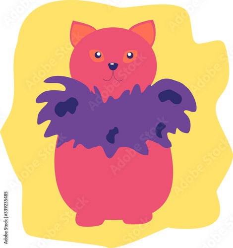 Colorful cat wearing violet boa on yellow background cartoon style vector illustration