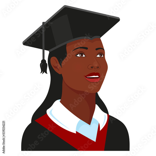 Beautiful African american college girl student, university graduate in graduation cap and gown. Vector illustration.