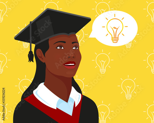 Beautiful African american college girl student, university graduate in graduation cap and gown. Idea concept. Future belongs to education. Yellow background.  Vector illustration.