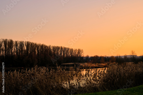 Sonnenuntergang im Vogelschutzgebiet NSG Garstadt bei Heidenfeld im Landkreis Schweinfurt, Unterfranken, Bayern, Deutschland