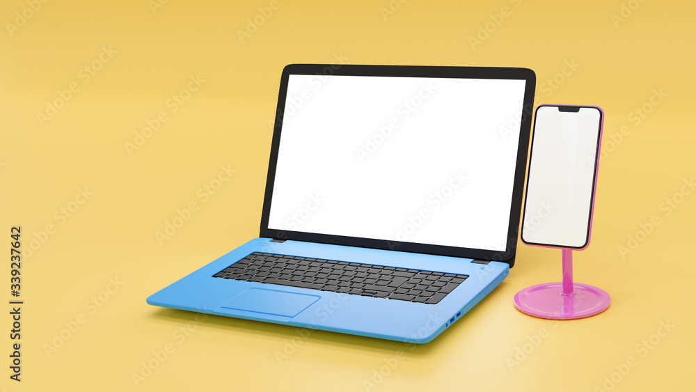 3D Illustration blank screen blue Laptop and pink smart phone on light yellow Background, colorful Laptop Computer and mobile with white display. 3D Illustration blank screen blue Laptop and pink smart phone on light yellow Background, colorful Laptop Computer and mobile with white display.