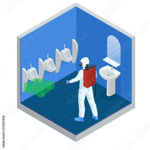 Isometric man wearing a protective suit disinfects public toilet with a spray gun. Virus pandemic COVID-19. Prevention against Coronavirus disease COVID-19.