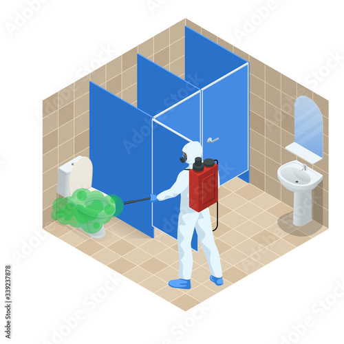 Isometric man wearing a protective suit disinfects public toilet with a spray gun. Virus pandemic COVID-19. Prevention against Coronavirus disease COVID-19.