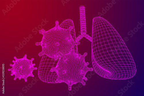 Corona Virus and Lungs with trachea bronchi internal organ human. Covid virus pulmonology medicine science concept. Wireframe low poly mesh vector illustration.