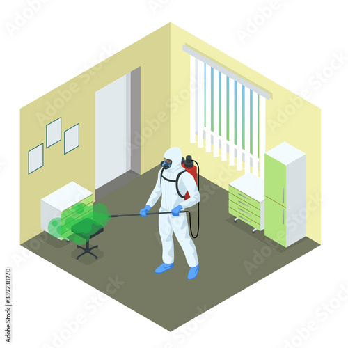 Isometric man wearing a protective suit disinfects hospital ward with a spray gun. Virus pandemic COVID-19. Prevention against Coronavirus disease COVID-19.