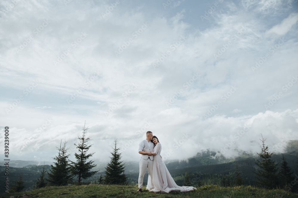 Spring wedding in the mountains. A young guy in a white shirt and trousers and a girl in a white dress stand on a mountain peak against the background of sky and trees Spring wedding in the mountains. A young guy in a white shirt and trousers and a girl in a white dress stand on a mountain peak against the background of sky and trees