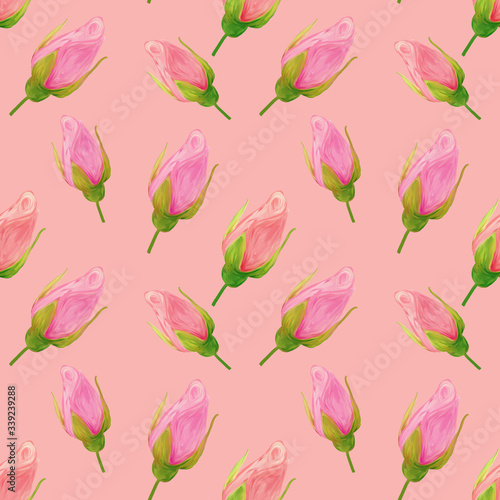 Rose flowers on pink background handmade gouache, oil paint seamless pattern gentle. Background for web pages, wedding invitations, save the date cards