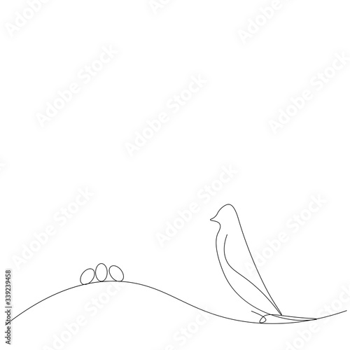 Bird with eggs line drawing, vector illustration