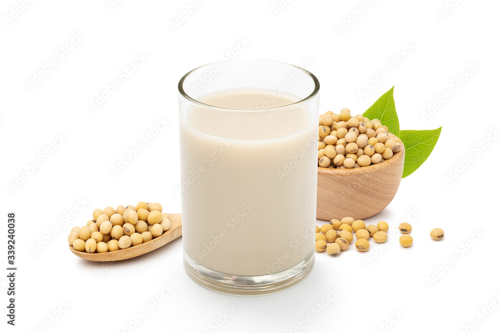 Soy milk With seeds green leaf isolated on white background. Soy milk With seeds green leaf isolated on white background.