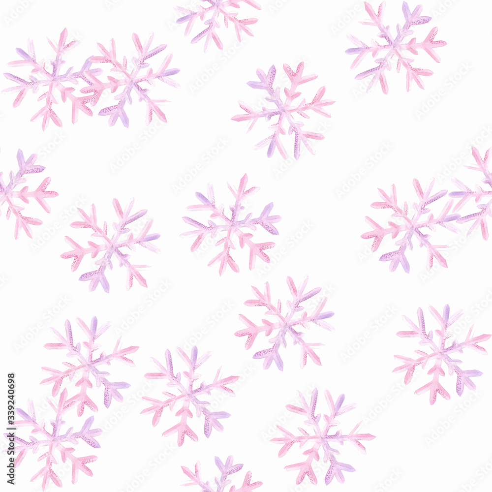 Pink watercolor snowflakes on white background: tender winter illustration, seamless pattern, frosty background design.