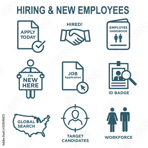 Hiring and Employees icons - job related images showing hiring