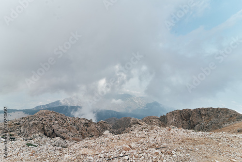 Beautiful view of the cloudy sky from the viewpoint of Tahtali Mountain in the region of Antalya, Turkey. Tahtali Dagi, Antalya Province, Turkey