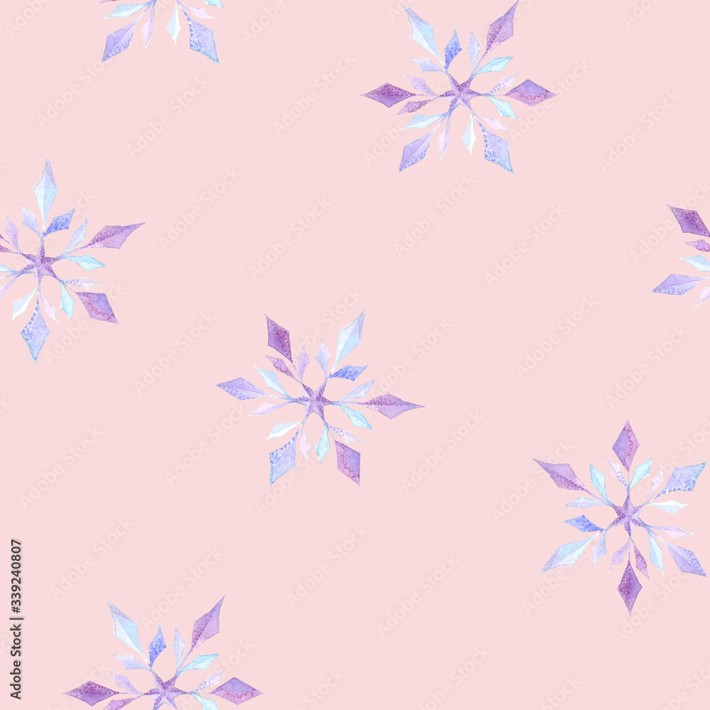 Purple watercolor snowflakes on pink background: tender winter illustration, seamless pattern, frosty background design.