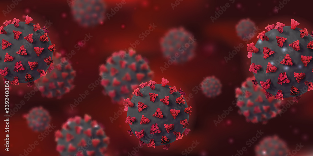 Coronavirus COVID-19 background with realistic microscopic 3D virus cell. 2019-nCoV Corona virus outbreaking and Pandemic concept.Vector illustration