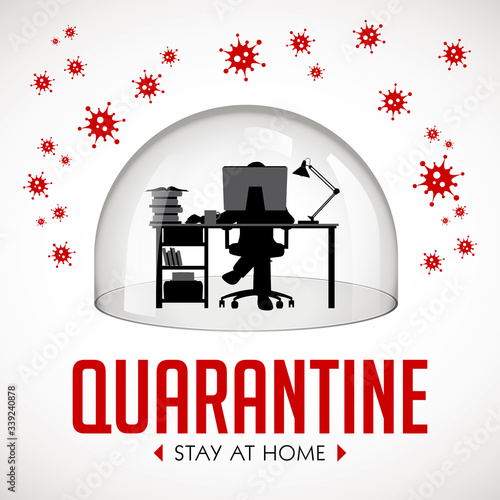 Home office concept - home work during quarantine - Corona virus warning - man with laptop under glass dome protection - stay at home work remotely