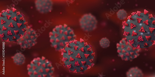 Coronavirus COVID-19 background with realistic microscopic 3D virus cell. 2019-nCoV Corona virus outbreaking and Pandemic concept.Vector illustration