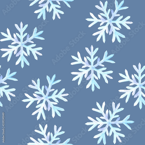Light-blue watercolor snowflakes on blue background: tender winter illustration, seamless pattern, frosty background design.