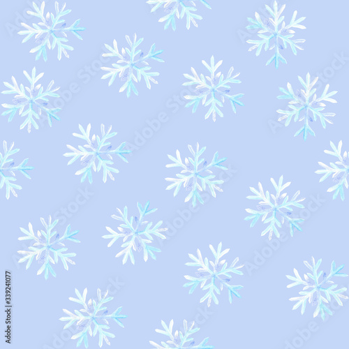 Blue watercolor snowflakes on blue background: tender winter illustration, seamless pattern, frosty background design.