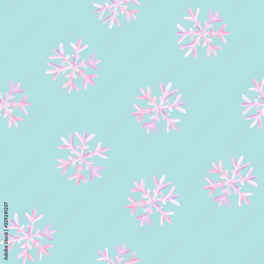 Pink watercolor snowflakes on blue background: tender winter illustration, seamless pattern, frosty background design.