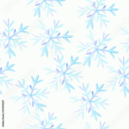 Blue watercolor snowflakes on white background: tender winter illustration, seamless pattern, frosty background design.