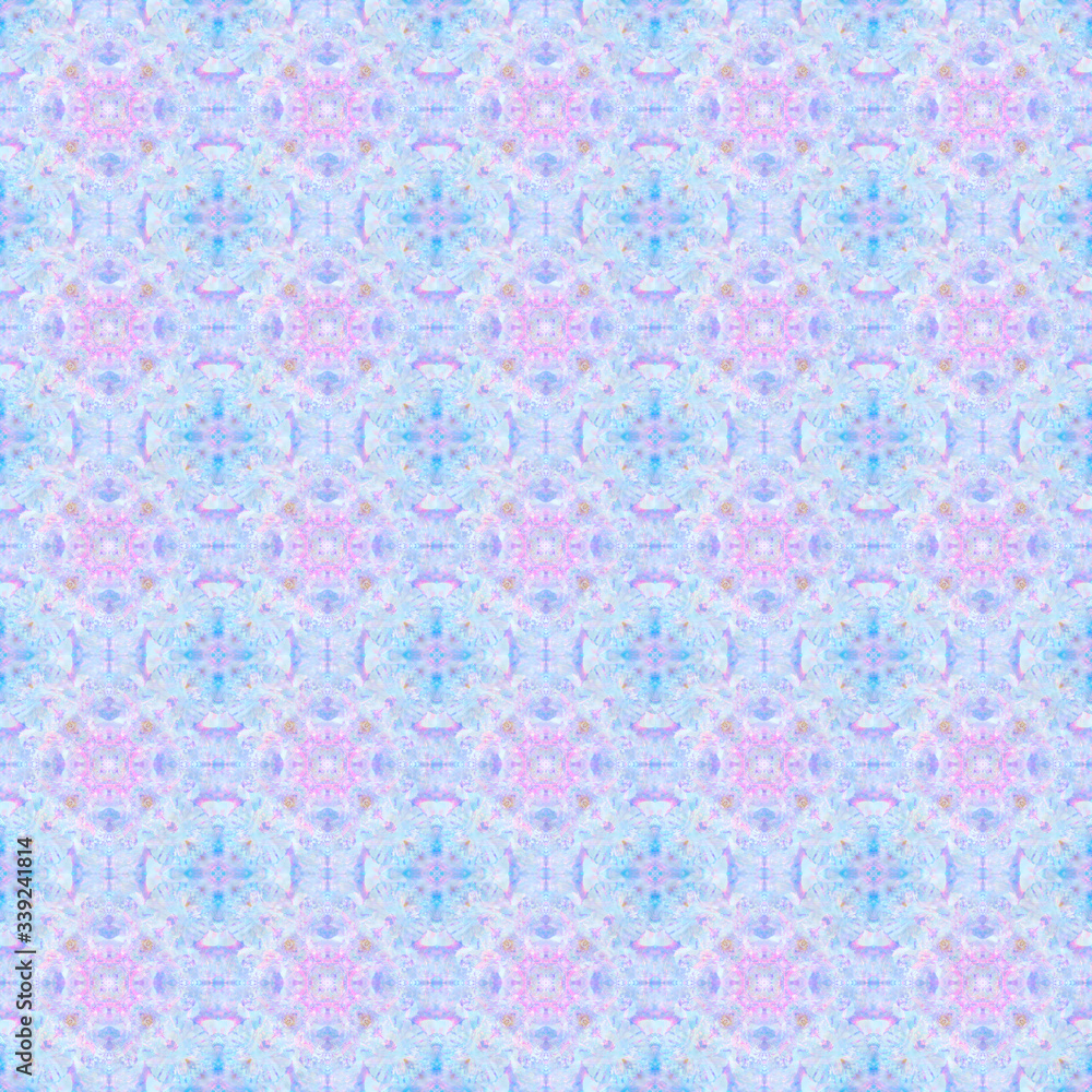 Seamless purple pattern, symmetrical texture, abstract crystals and aura background