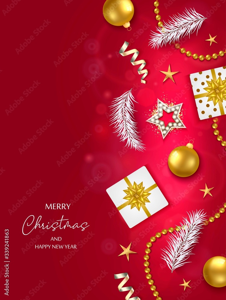 Red christmas background with border made of gift boxes, balls, stars and other things. Red christmas background with border made of gift boxes, balls, stars and other things.