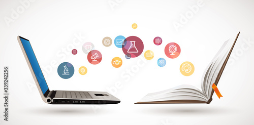 Computer as book knowledge base concept - laptop as elearning idea - stay at home and learn without going to school