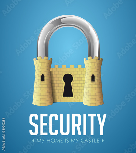 Castle as lock - two towers and lock hole - security system concept - my home is my castle