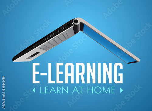 Computer as book knowledge base concept - laptop as elearning idea - stay at home and learn without going to school