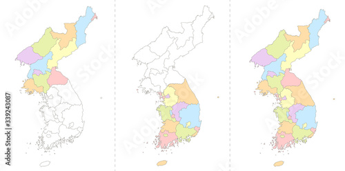 Map of Korea, North and South Korea divided to administrative divisions, blank coloring book