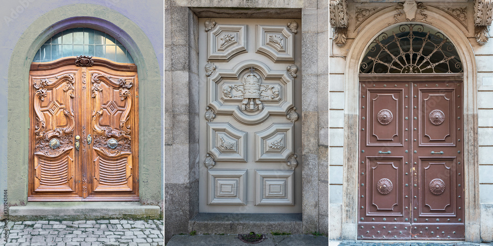 three wooden doors with beautiful decorative wooden trim in the historical part of various European cities