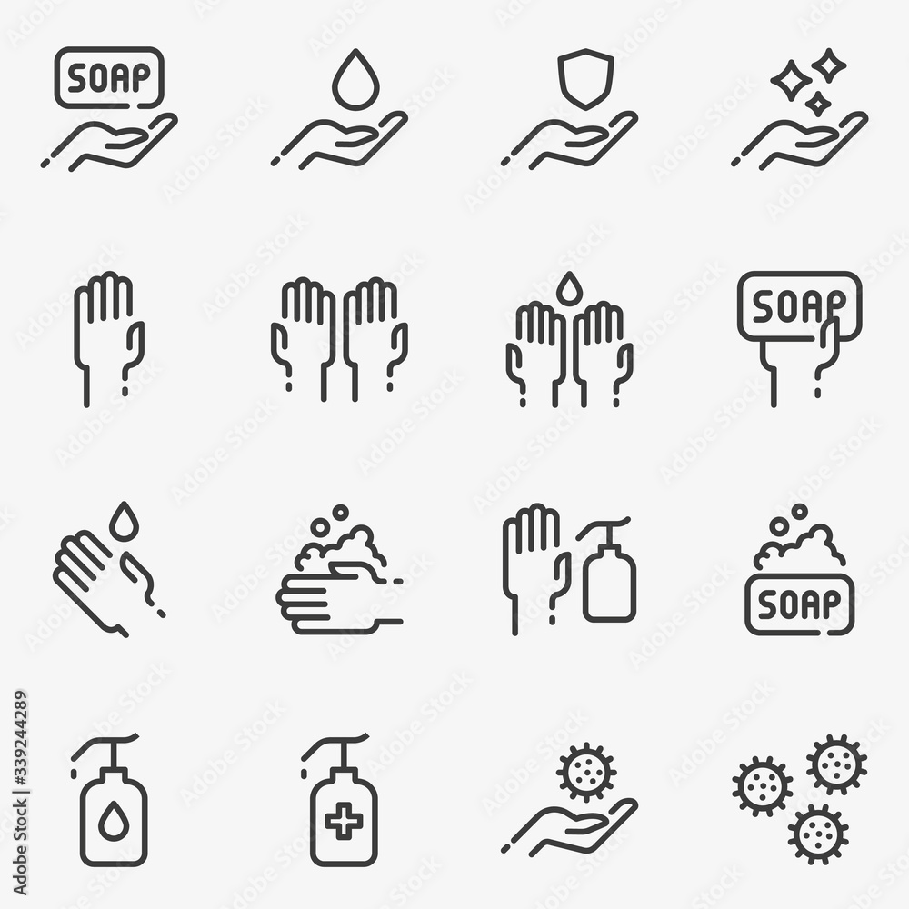 Fototapeta premium Set of hand washing black and white line vector icon.