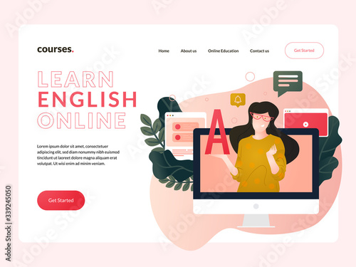 Modern flat landing page design concept of Online Language Education for a website. Teaching Language online. E-learning. 