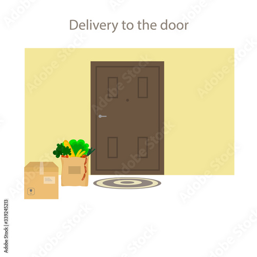 Contactless delivery to the door during quarantine. Products, delivery to the door. Vector illustration