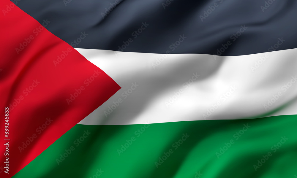 Flag of Palestine blowing in the wind. Full page Palestinian flying flag. 3D illustration. Flag of Palestine blowing in the wind. Full page Palestinian flying flag. 3D illustration.